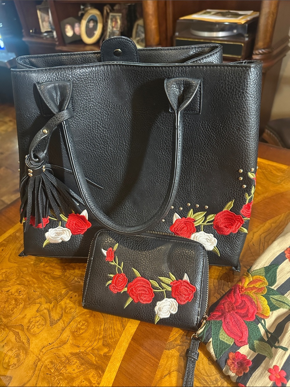 Black Tote with Red & White Rose Embroidery - Women's Floral Handbag